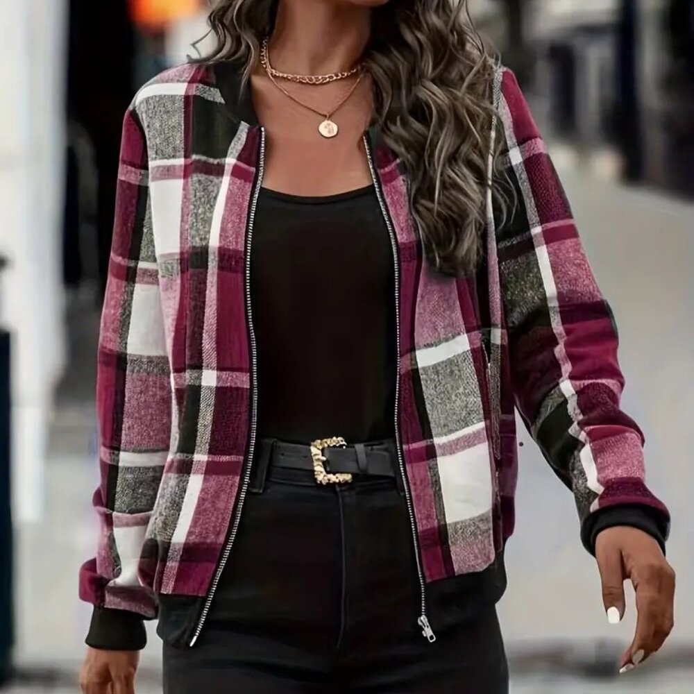 Plaid Long Sleeve Maroon Jacket